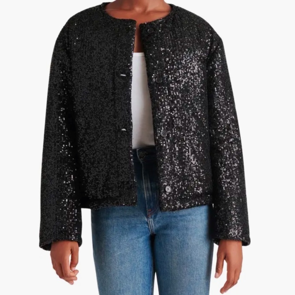Steve Madden Sequin Cropped Puffer Jacket Black Sz Small NWT